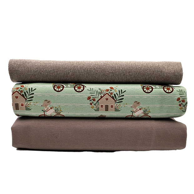 Jersey Stoffpaket süße Tiere und light taupe mit Bündchen