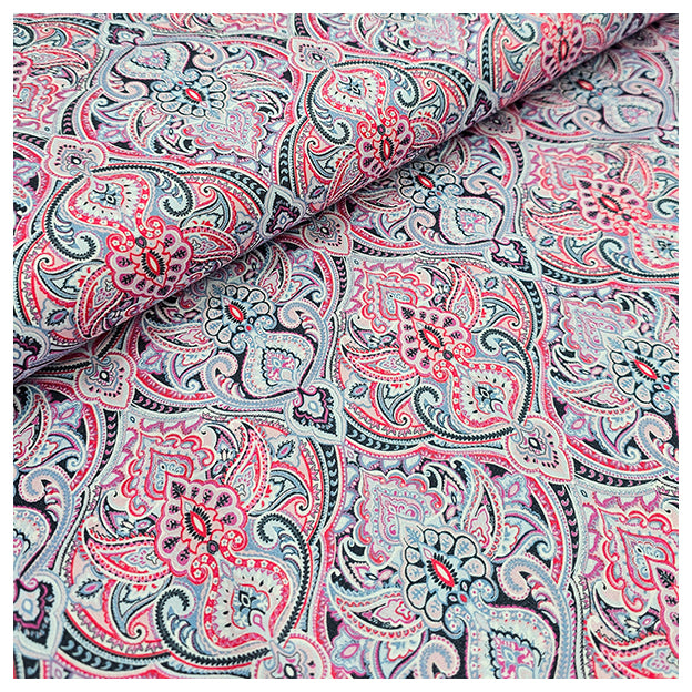 Baumwollsatin Siena Ornamente blau und rosa
