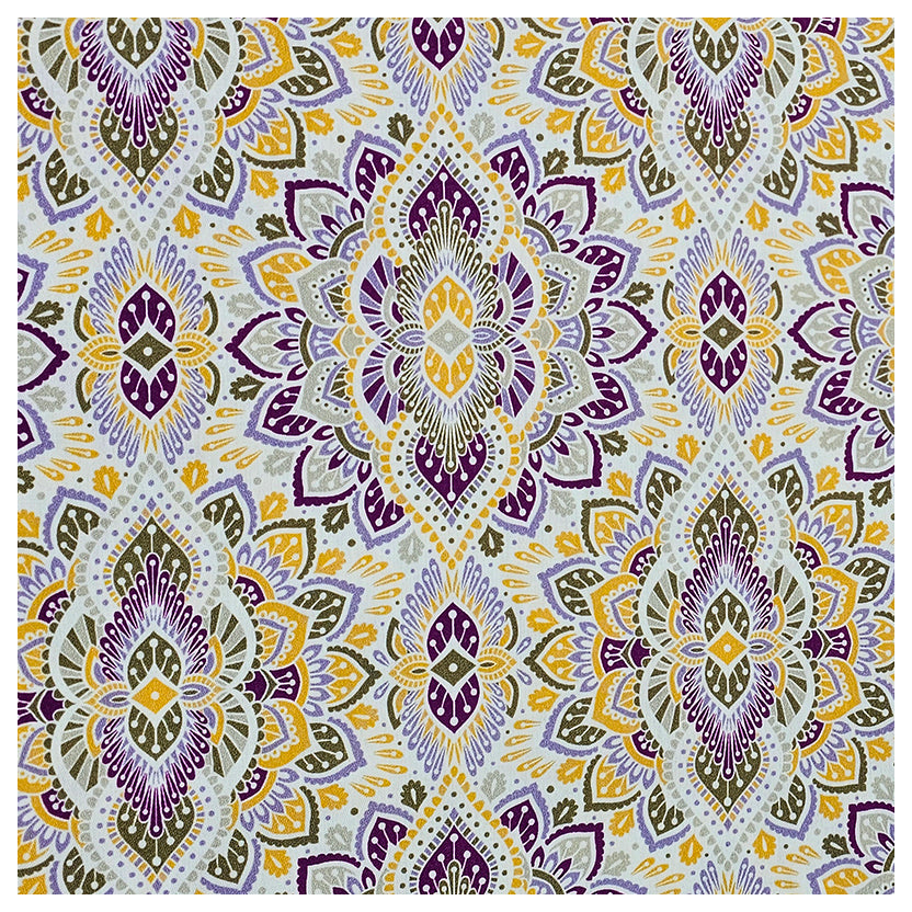 Baumwollsatin Siena Ornamente gelb, grün und flieder