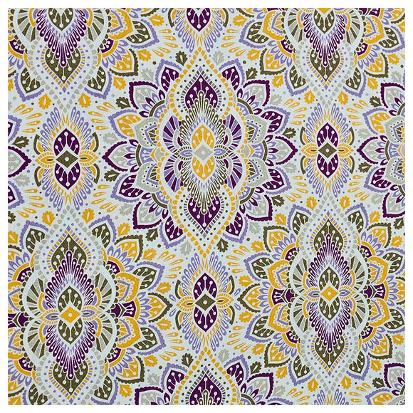 Baumwollsatin Siena Ornamente gelb, grün und flieder