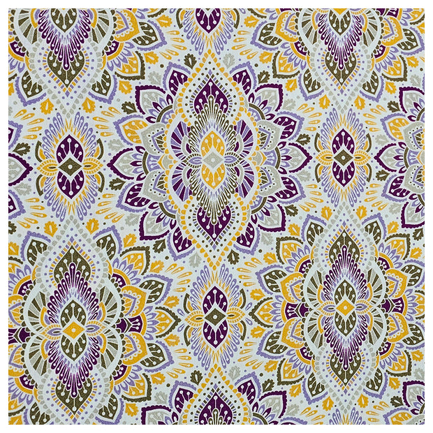 Baumwollsatin Siena Ornamente gelb, grün und flieder