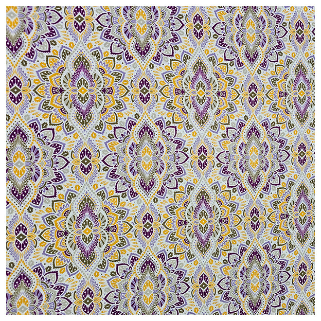 Baumwollsatin Siena Ornamente gelb, grün und flieder