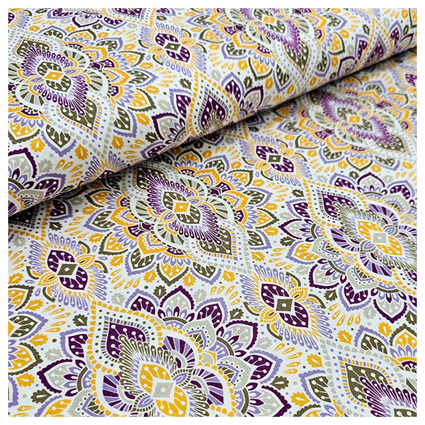 Baumwollsatin Siena Ornamente gelb, grün und flieder