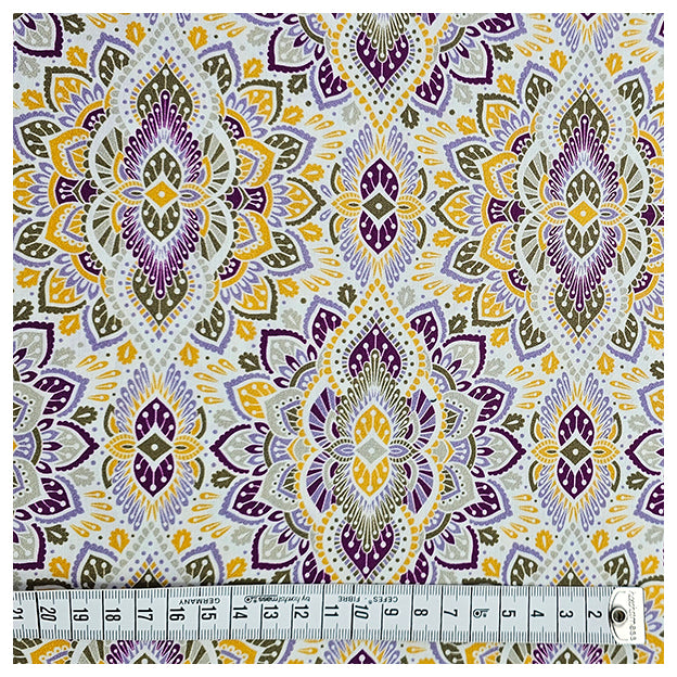 Baumwollsatin Siena Ornamente gelb, grün und flieder