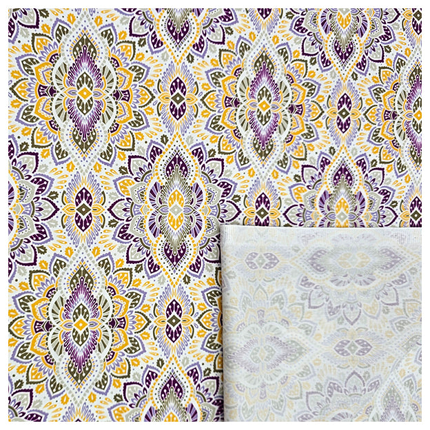 Baumwollsatin Siena Ornamente gelb, grün und flieder