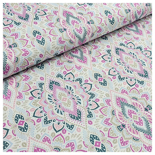 Baumwollsatin Siena Ornamente rosa und petrol