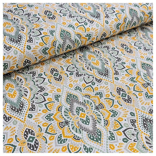 Baumwollsatin Siena Ornamente gelb und mintgrün