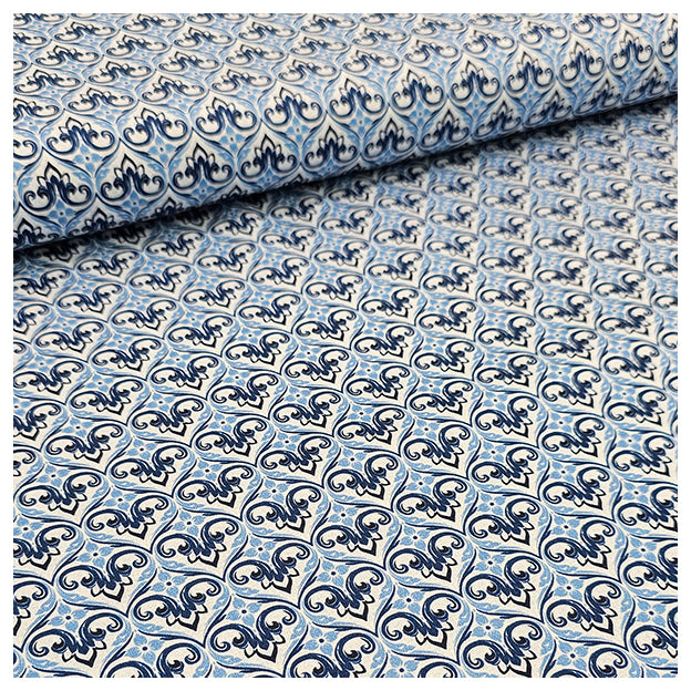 Baumwollsatin Siena kleine Ornamente blau