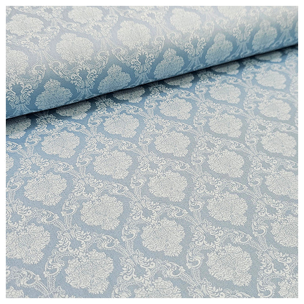 Baumwollsatin Ornamente Halbdruck himmelblau und weiß