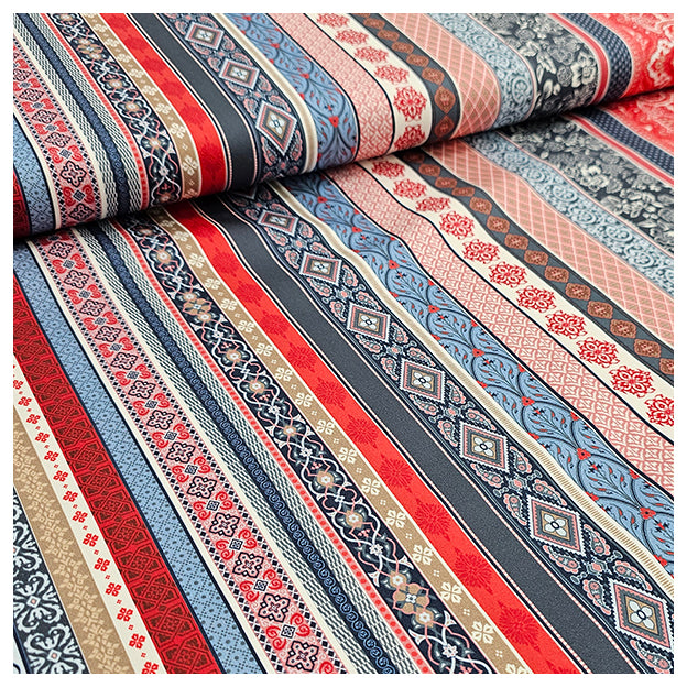 Baumwollsatin Siena blau, braun und rot