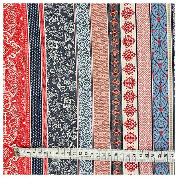 Baumwollsatin Siena blau, braun und rot
