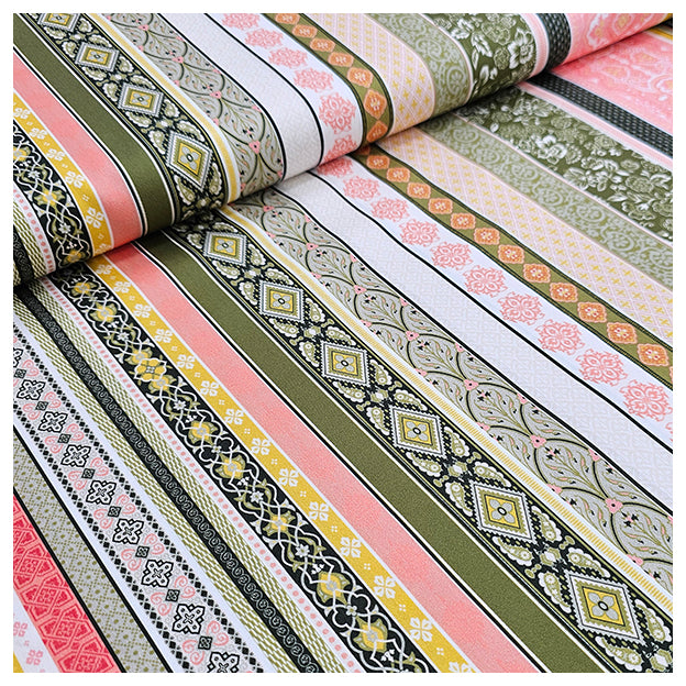 Baumwollsatin Siena grün, gelb und koralle