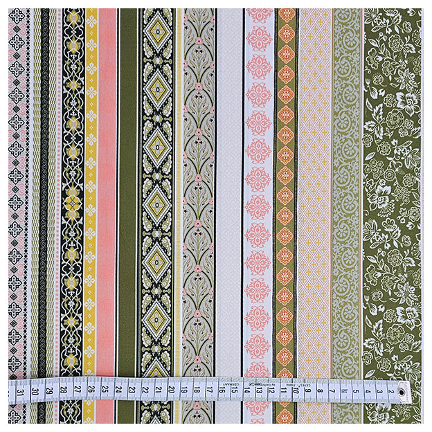 Baumwollsatin Siena grün, gelb und koralle