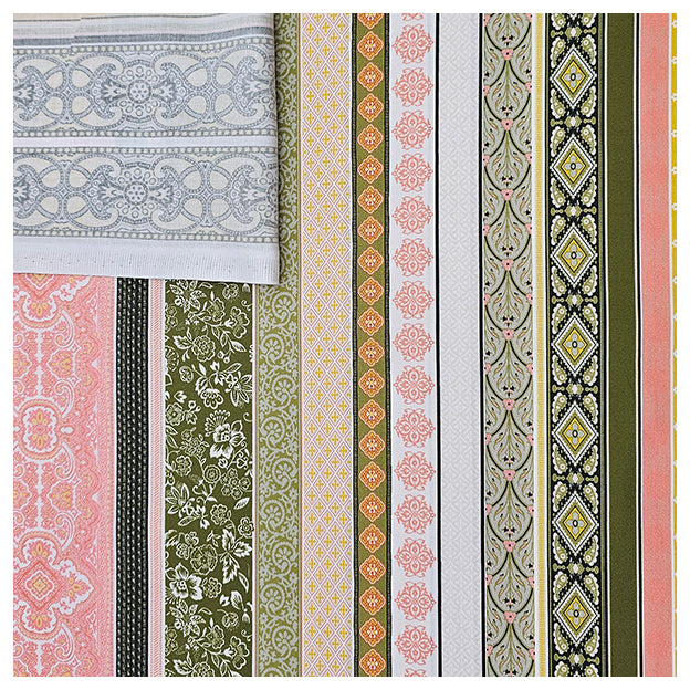 Baumwollsatin Siena grün, gelb und koralle