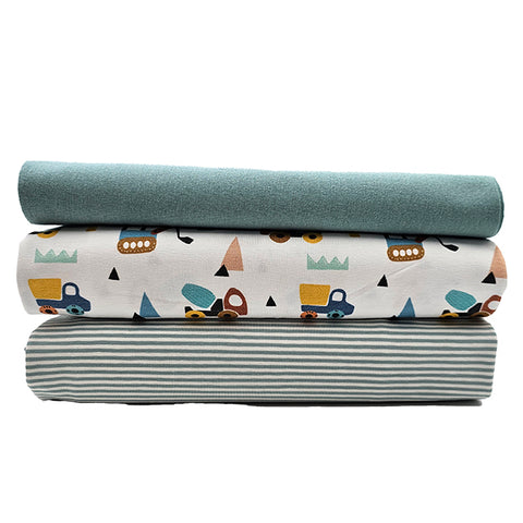 Jersey Stoffpaket Fahrzeuge weiß und Streifen mit Bündchen Bio