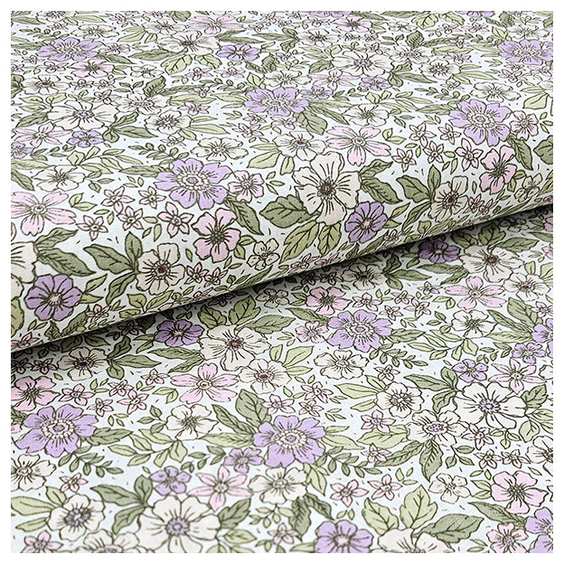 Baumwoll-Popelin Blumen flieder und grün