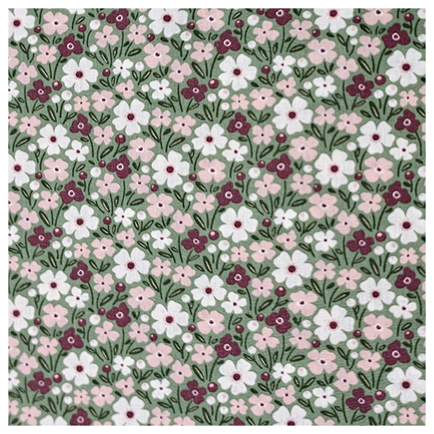 Baumwoll-Popelin Blumen rosa, weinrot und grün