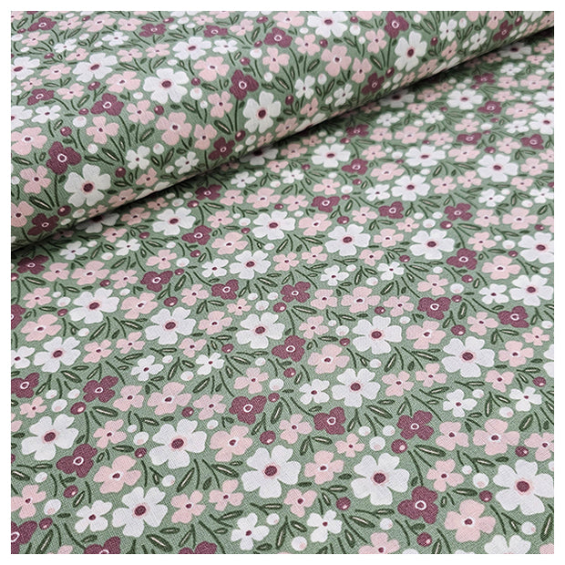 Baumwoll-Popelin Blumen rosa, weinrot und grün