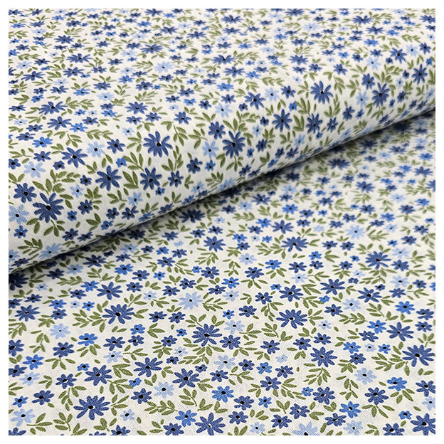 Baumwoll-Popelin Blümchen indigoblau und grün