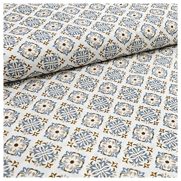 Baumwoll-Popelin Ornamente hellblau und beige