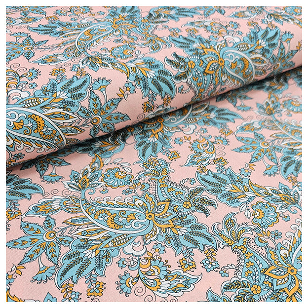 Baumwoll-Popelin Paisley hellrosa und petrol