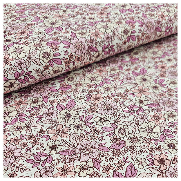 Baumwoll-Popelin Blumen fuchisa und rosa
