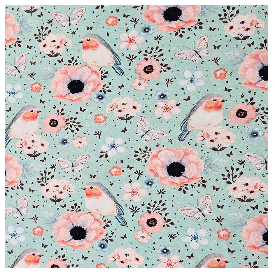 Jersey Vögel und Blumen in mint