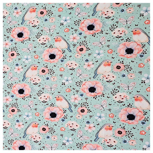 Jersey Vögel und Blumen in mint