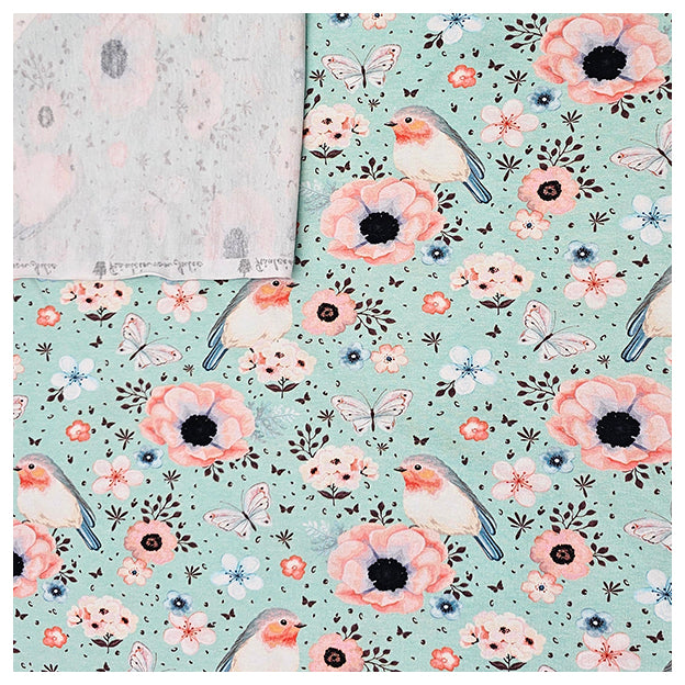 Jersey Vögel und Blumen in mint