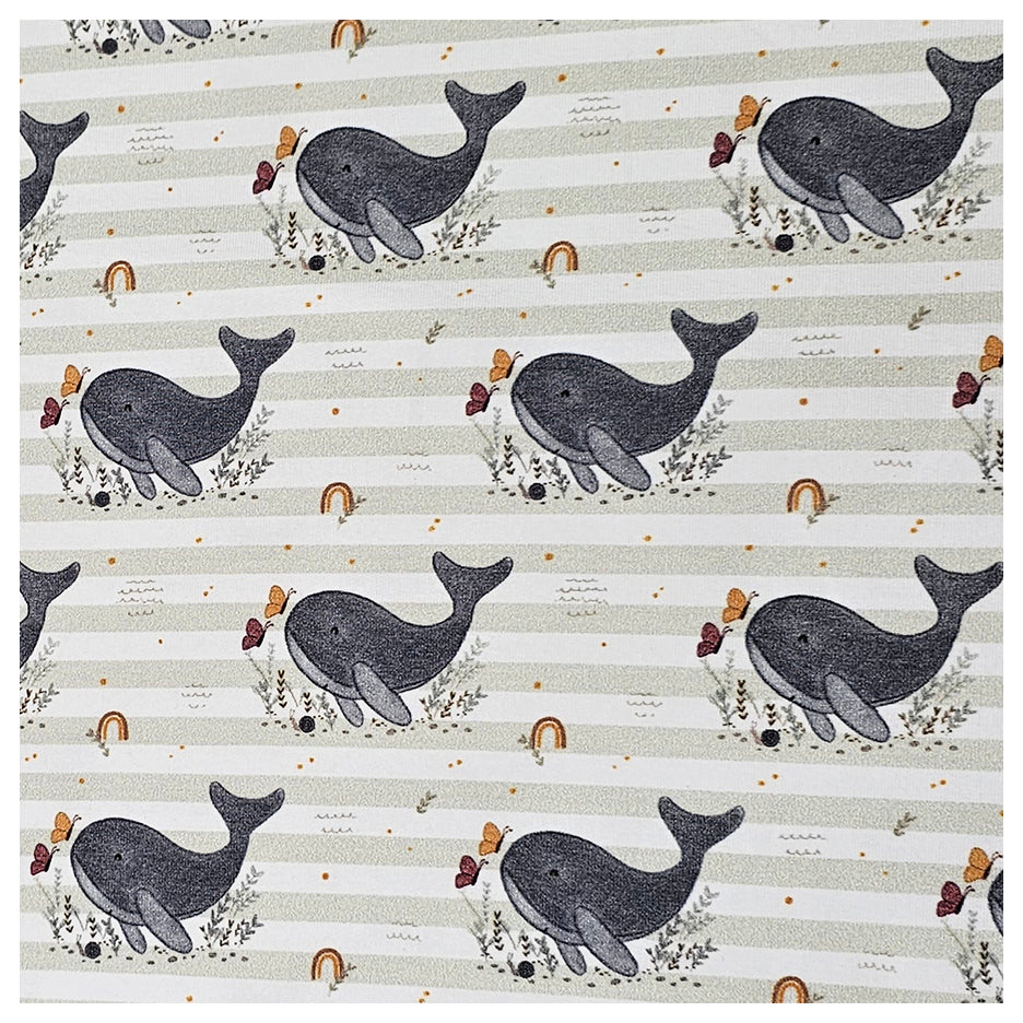 French Terry Stoffpaket süße Wale und altgrün mit Bündchen