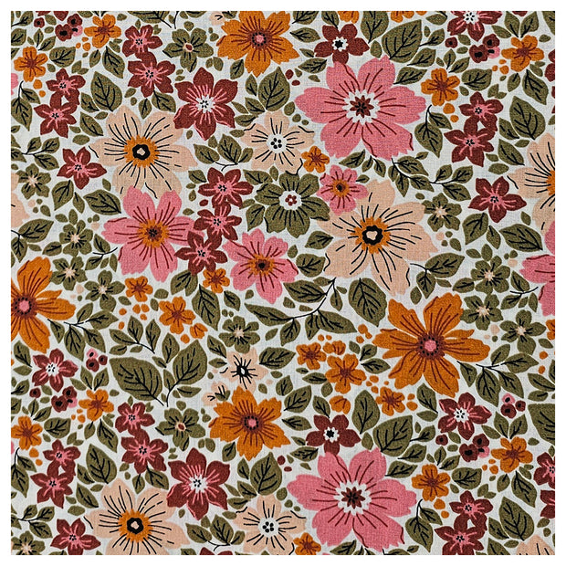 Baumwoll-Popelin Blumen grün, rosa und terra