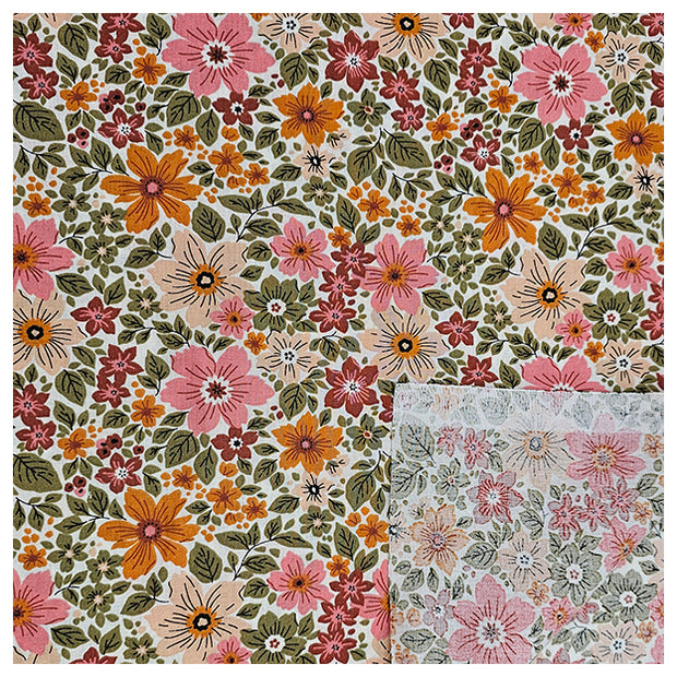 Baumwoll-Popelin Blumen grün, rosa und terra