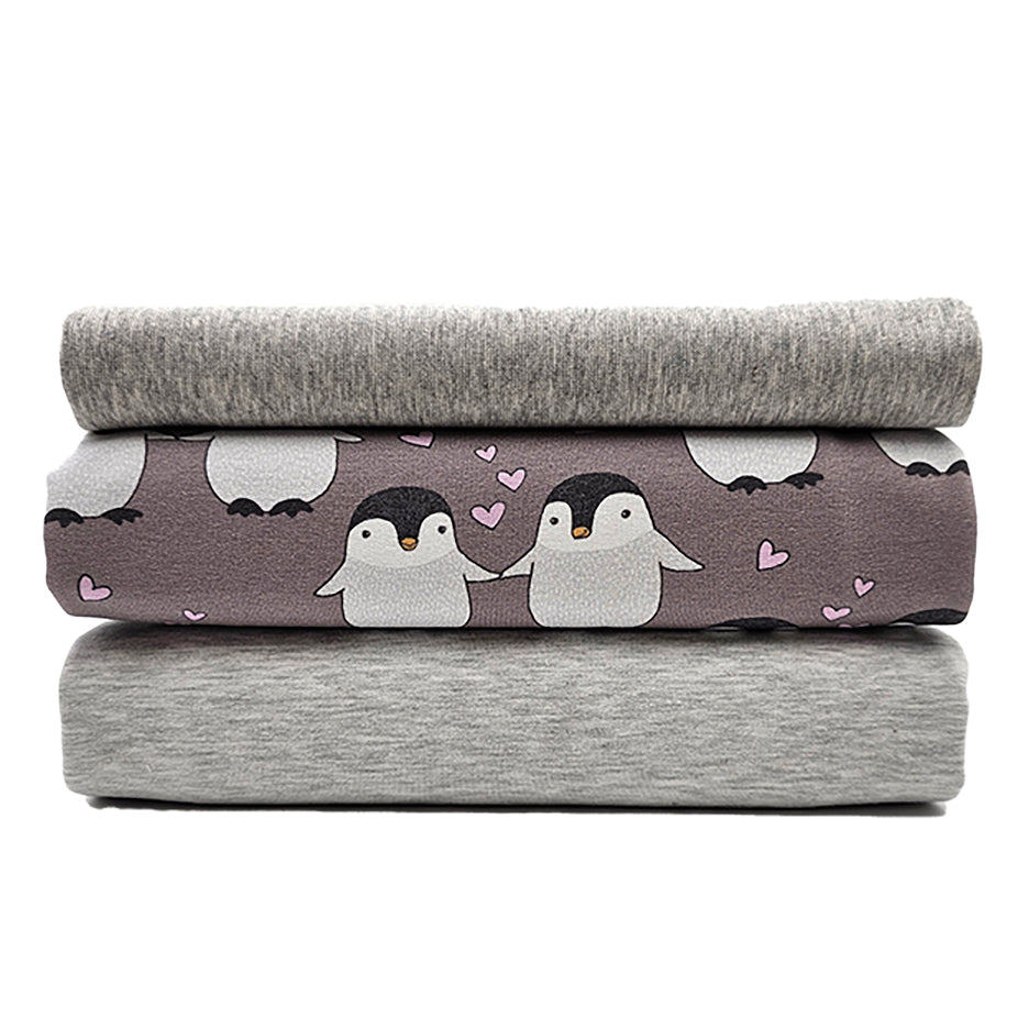 French Terry Stoffpaket Pinguin und uni mit Bündchen