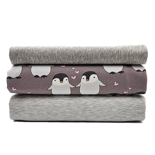 French Terry Stoffpaket Pinguin und uni mit Bündchen