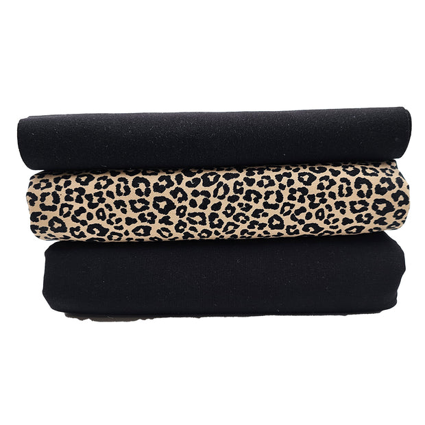 French Terry Stoffpaket Leopard und uni schwarz mit Bündchen
