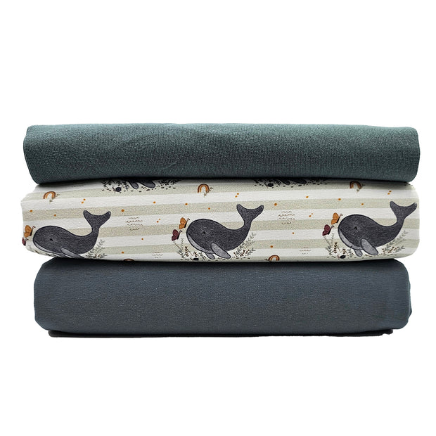 French Terry Stoffpaket süße Wale und altgrün mit Bündchen