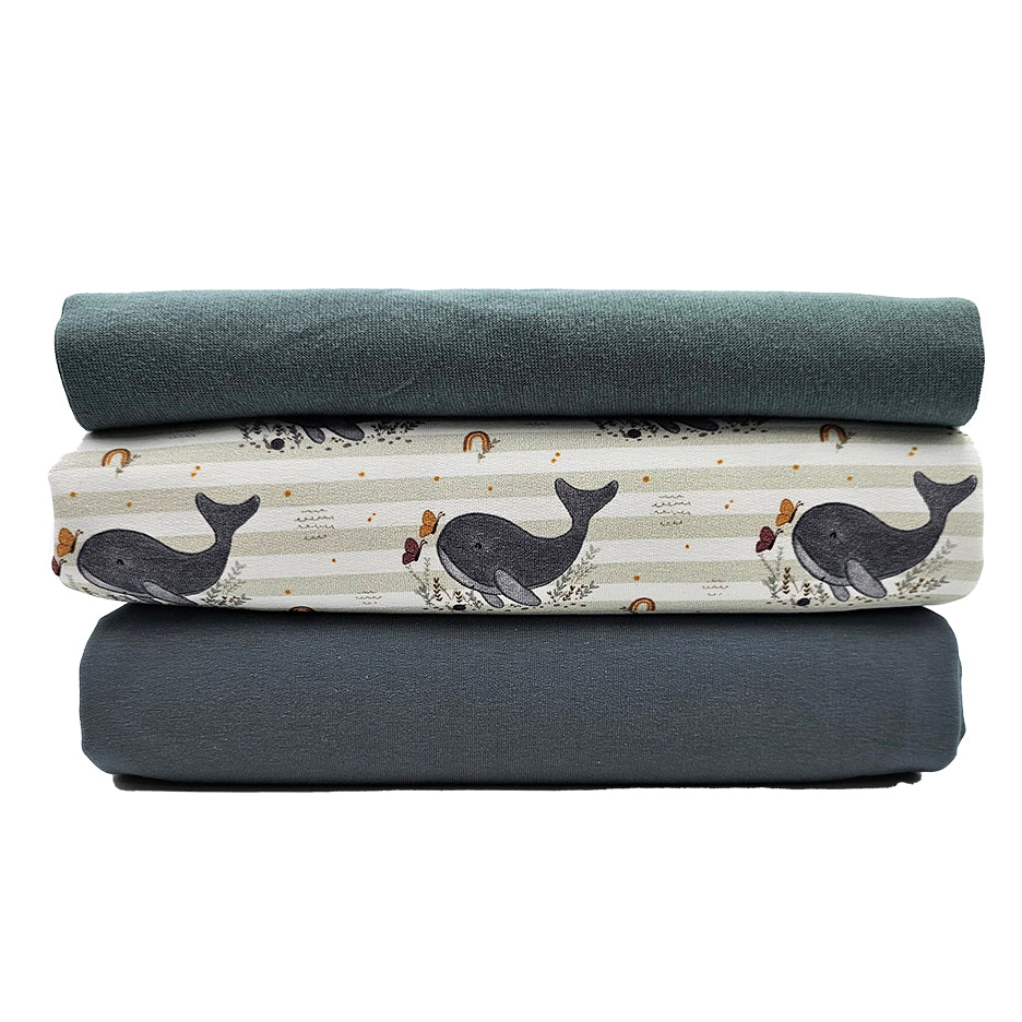 French Terry Stoffpaket süße Wale und altgrün mit Bündchen