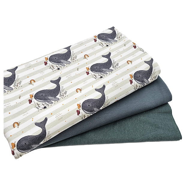 French Terry Stoffpaket süße Wale und altgrün mit Bündchen