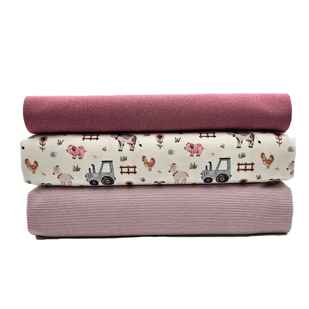 Jersey Stoffpaket Bauernhof und streifen rosa mit Bündchen