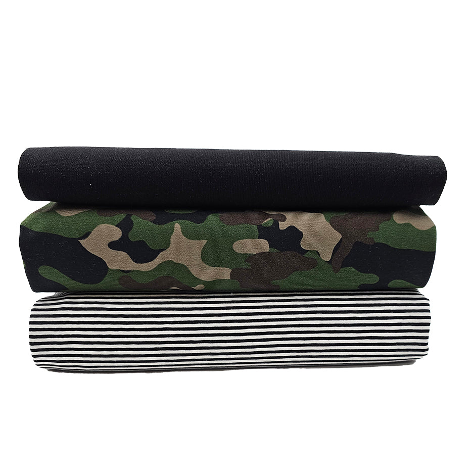 Jersey Stoffpaket Camouflage und Streifen mit Bündchen