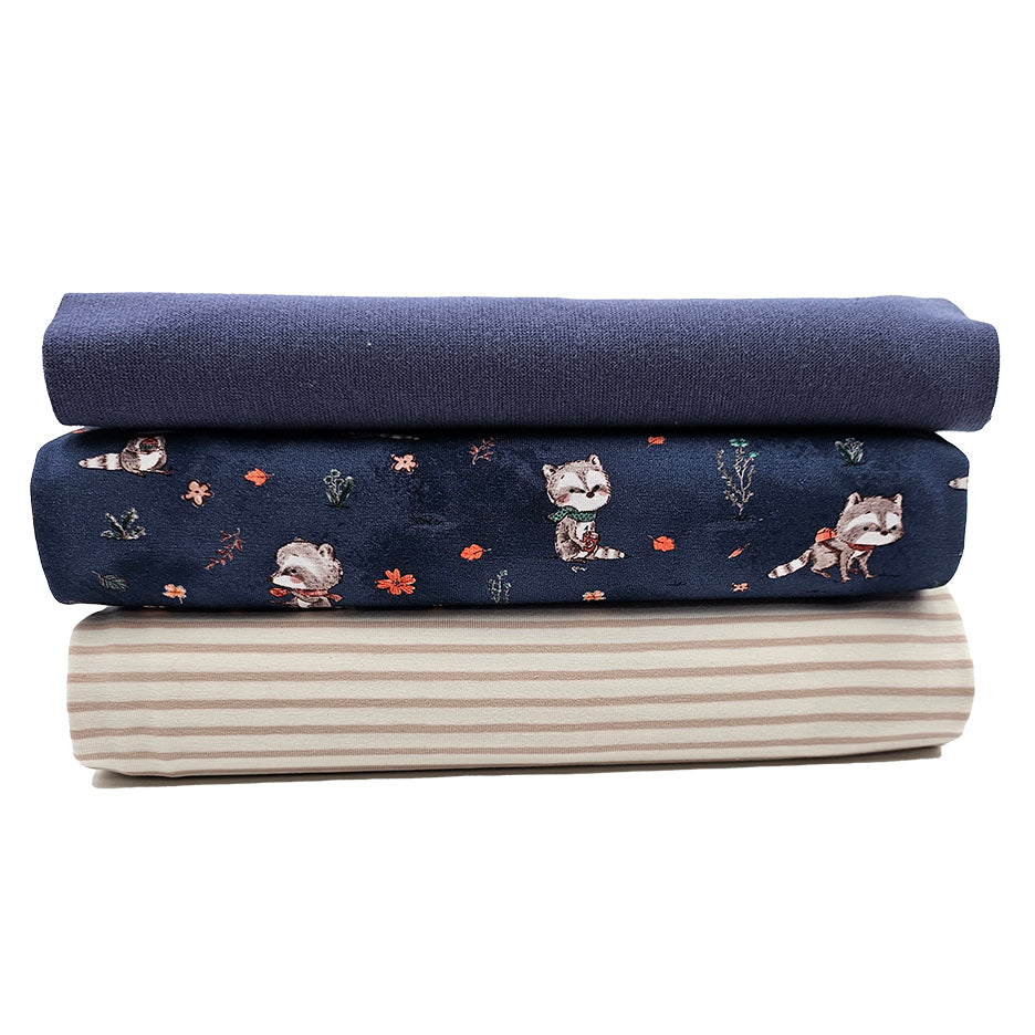 Jersey Stoffpaket Waschbär und streifen mit Bündchen jeansblau