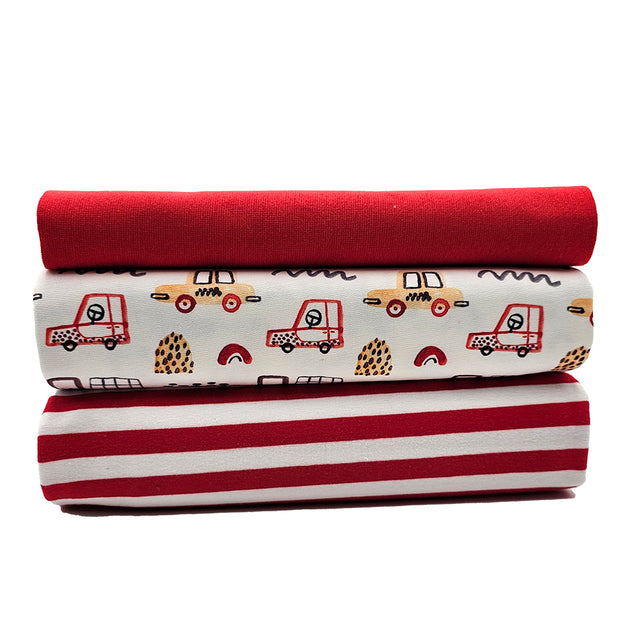 French Terry Stoffpaket Autos und Streifen rot mit Bündchen