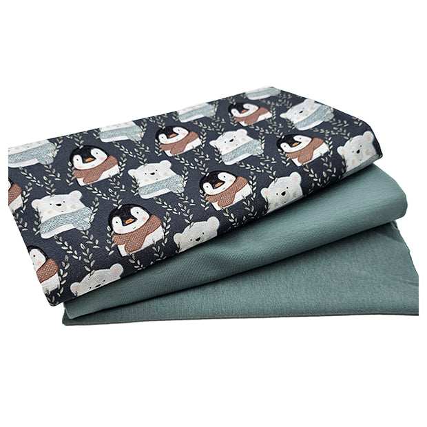 French Terry Stoffpaket Pinguin, Eisbären und uni mit Bündchen