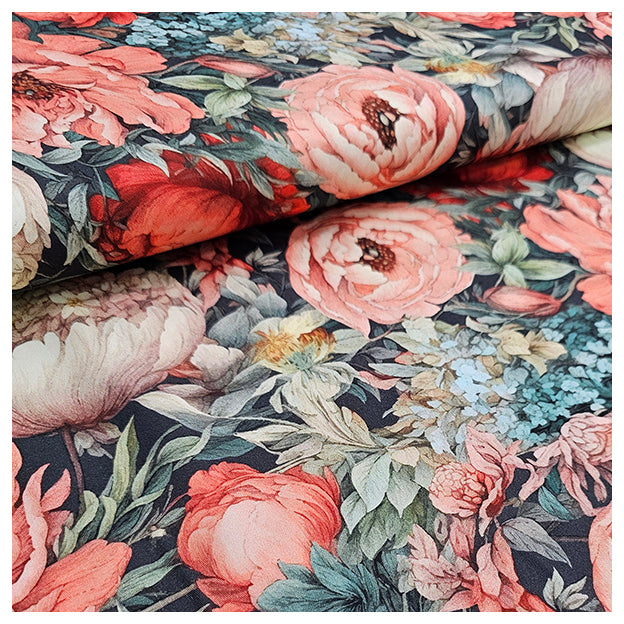 Baumwollsatin Siena große Blumen orange und grün