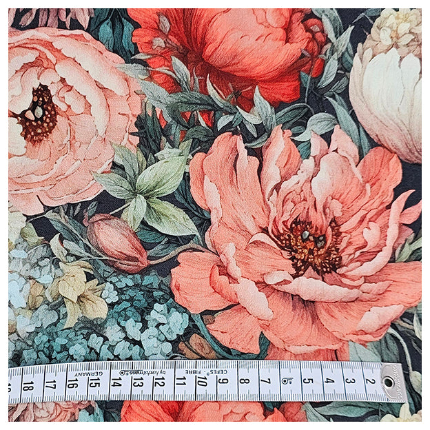 Baumwollsatin Siena große Blumen orange und grün