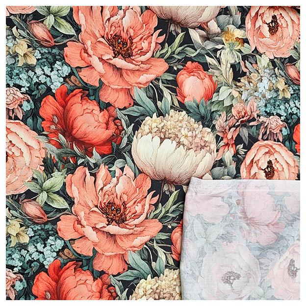 Baumwollsatin Siena große Blumen orange und grün