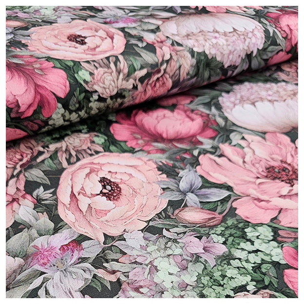 Baumwollsatin Siena große Blumen altrosa und grün