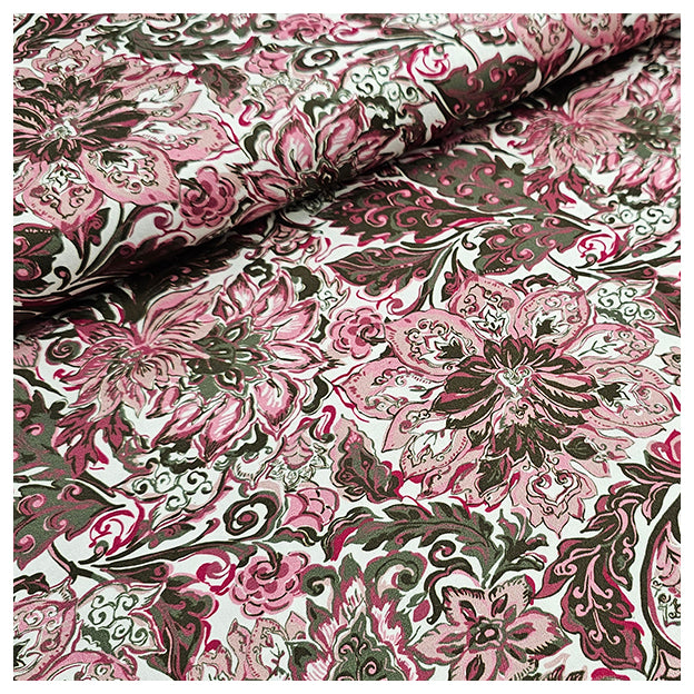 Baumwollsatin Siena Blumen rosa und olive