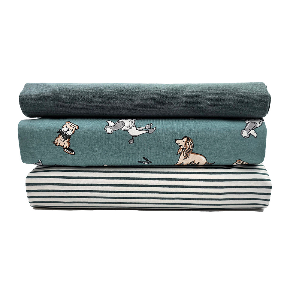 Jersey Stoffpaket Hunde und streifen mit Bündchen altgrün