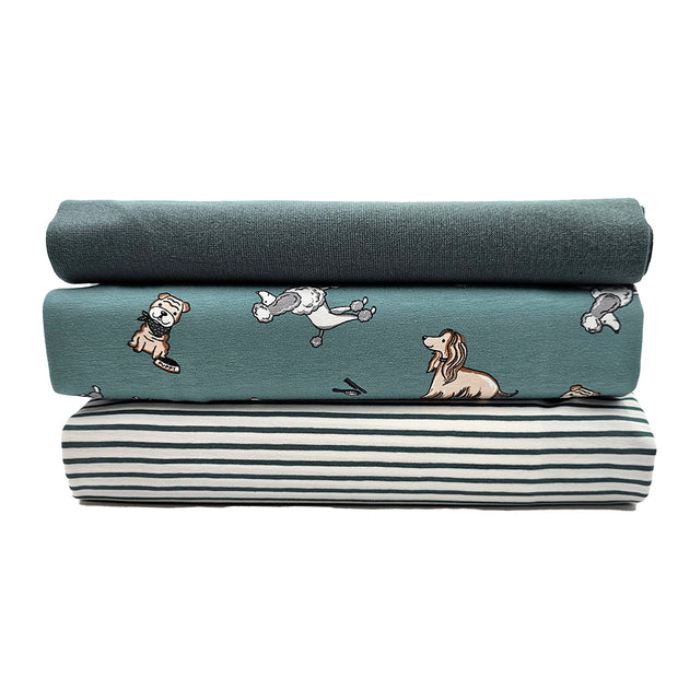 Jersey Stoffpaket Hunde und streifen mit Bündchen altgrün